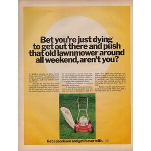 Vintage 1970 Jacobsen Print Ad Key Start Push Lawn Mower Grass Catcher Retro Mow